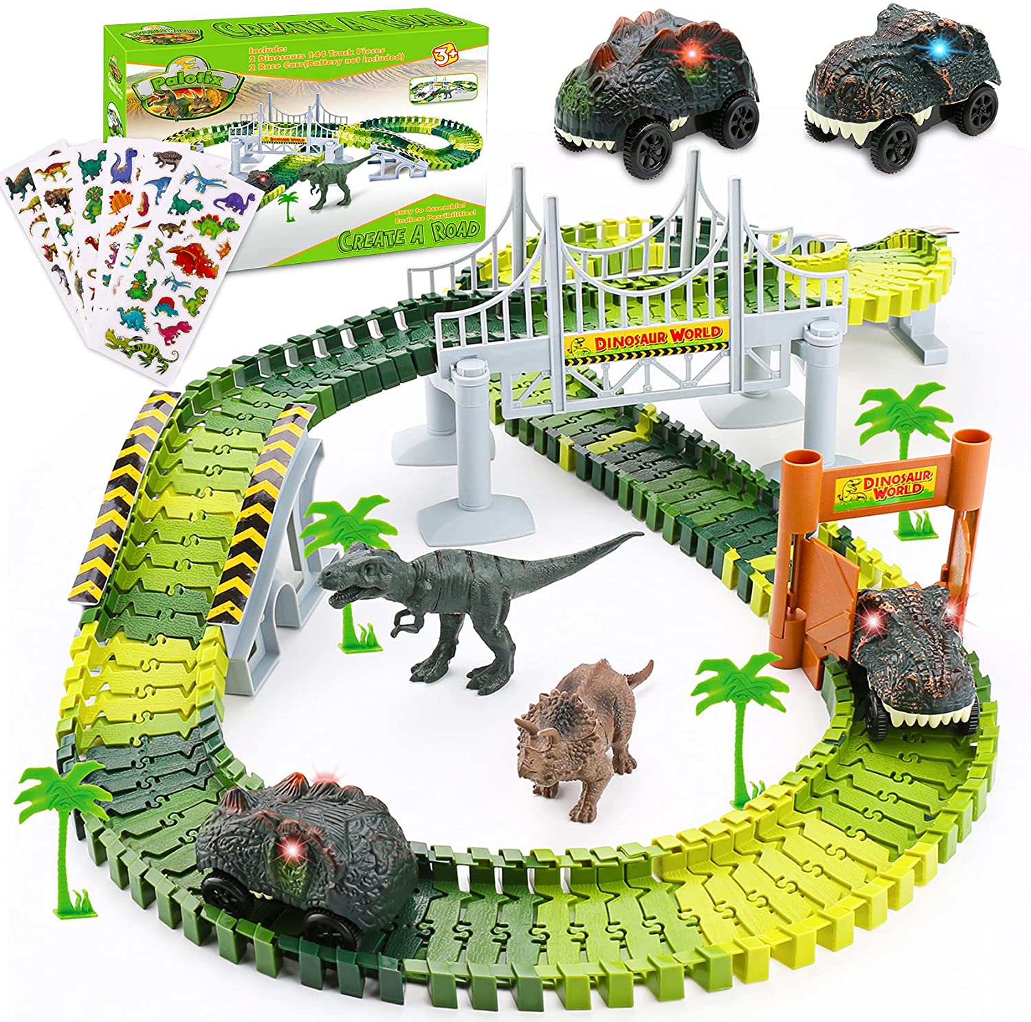  Dinosaur Toys,Create A Dinosaur World Road Race,Flexible Track  Playset and 2 pcs Cool Dinosaur car for 3 4 5 6 Year & Up Old boy Girls  Best Gift : Toys & Games