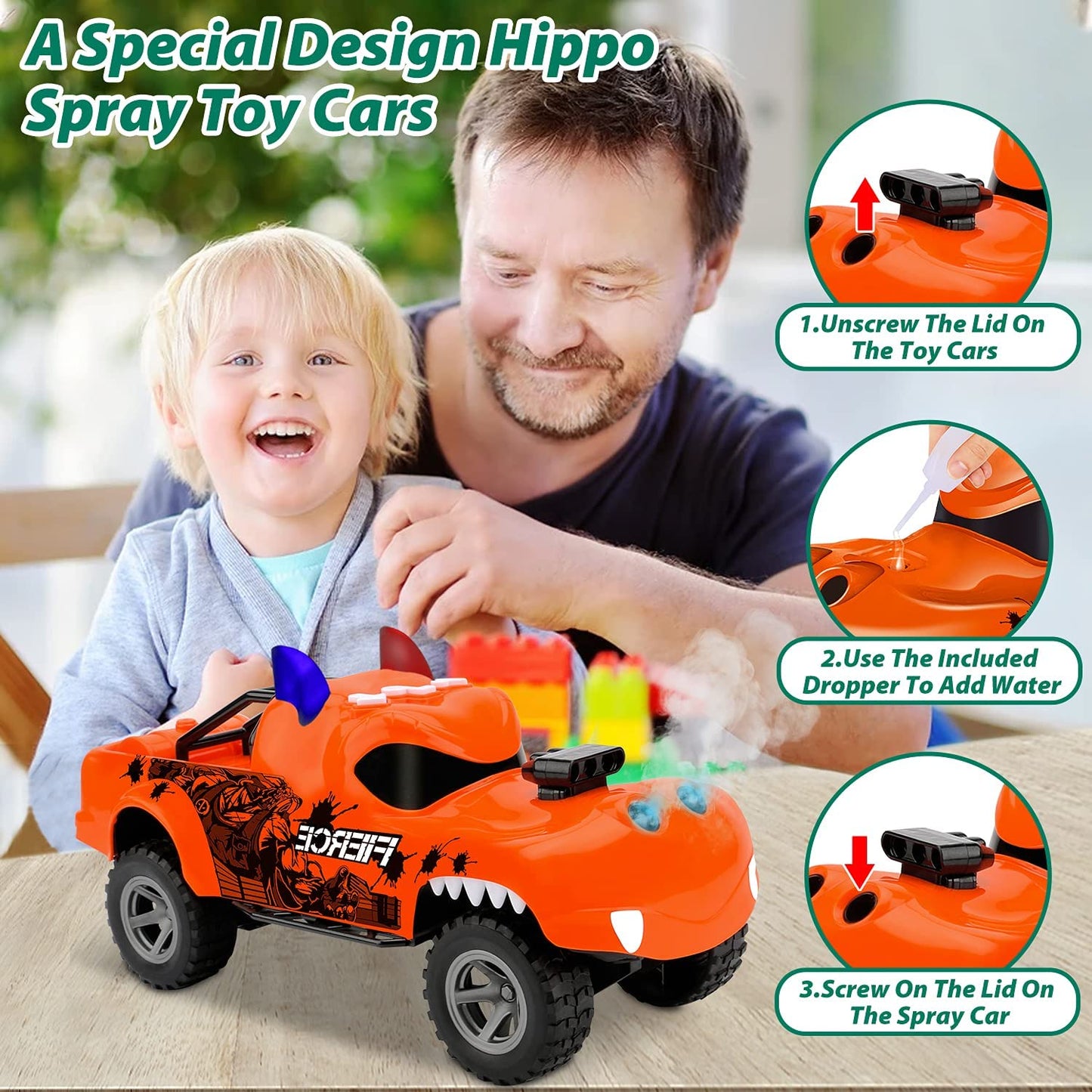 Kids Toys Truck Cars Toys for 3 Year Old Boys Hippo Monster Trucks Toddler Toys Age 2-4 Spray Music Light Boy Toys Christmas Stocking Stuffers Birthday Gifts for Kids 2 3 4 5 6 7 Year Old Boys Girls